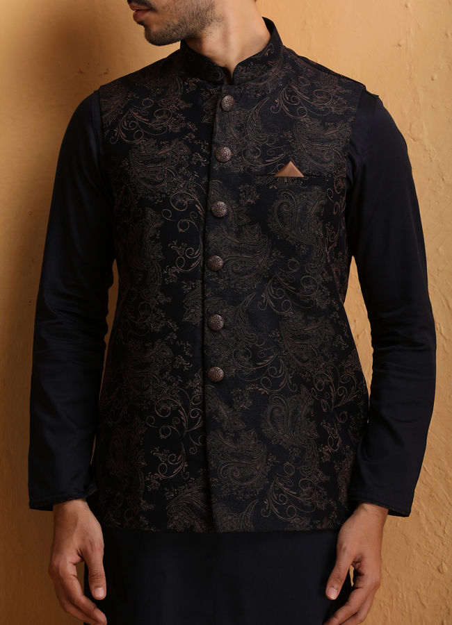 Dark Blue Floral Design Kurta Jacket Set image number 1